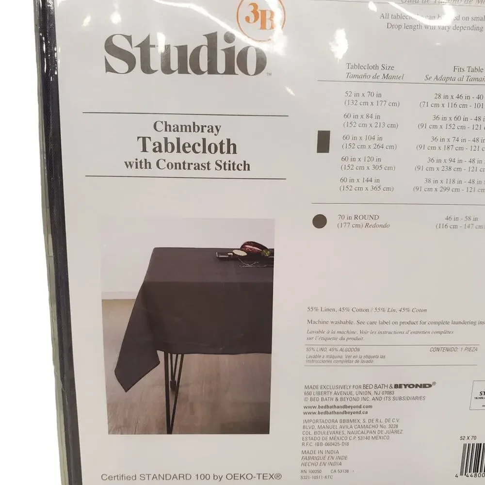 Linen Chambray Blue Tablecloth with Contrast Stitch Excalibur Studio 3B 52 x 70
